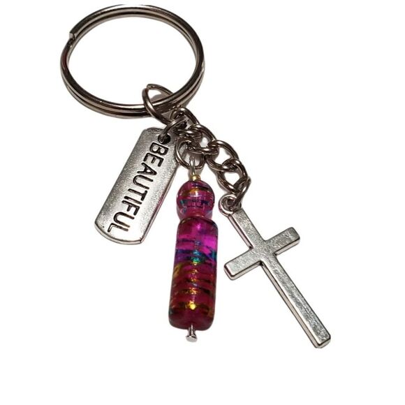 Key Chain Handmade Live is Beautiful Pink & Silver - Picture 2 of 3